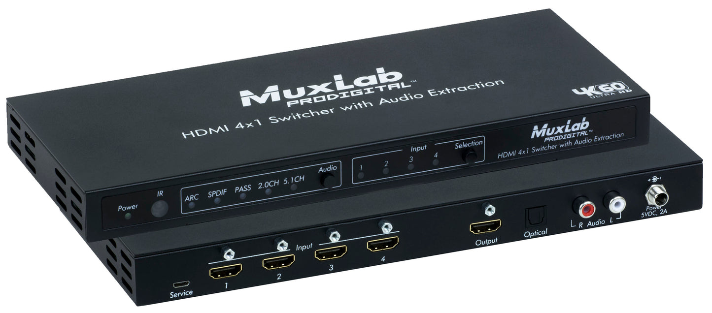 Muxlab  HDMI 4×1 Switcher with Audio Extraction, 4K/60